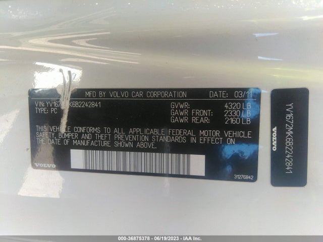 2011 VOLVO C30 VIN: YV1672MK6B2242841