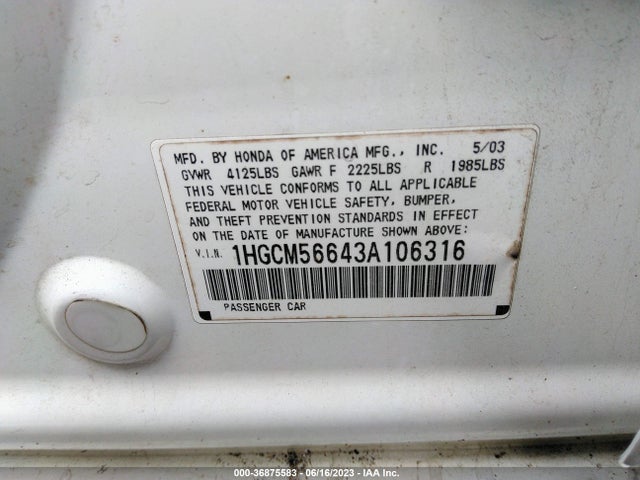 2003 HONDA ACCORD SDN EX VIN: 1HGCM56643A106316