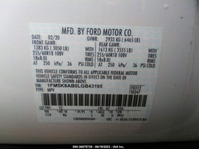 1FM5K8AB0LGB43195 Ford POLICE INTERCEPTOR