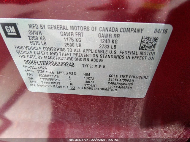 GMC Terrain Sle 2016 2GKFLTEK9G6309243 Image 9