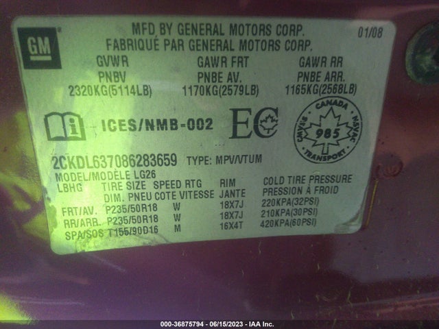 2008 PONTIAC TORRENT GXP VIN: 2CKDL637086283659