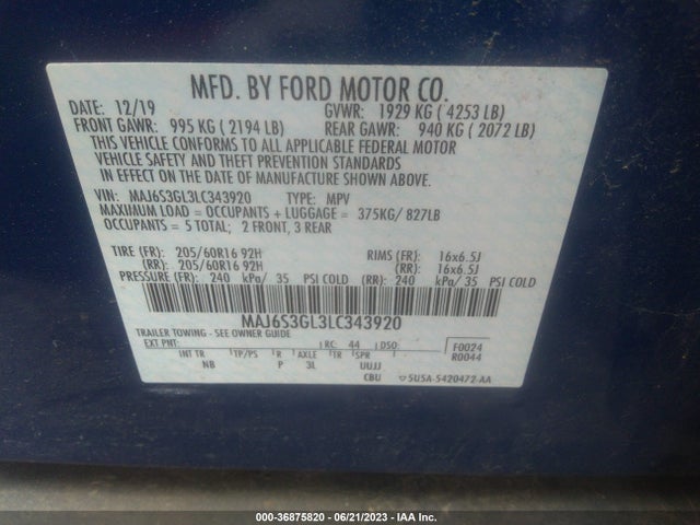 2020 FORD ECOSPORT SE VIN: MAJ6S3GL3LC343920