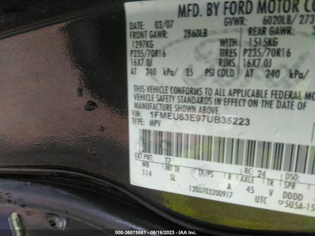 2007 FORD EXPLORER XLT VIN: 1FMEU63E97UB35223
