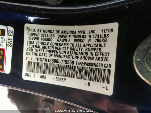 2009 HONDA CIVIC SDN LX VIN: 1HGFA16599L015559
