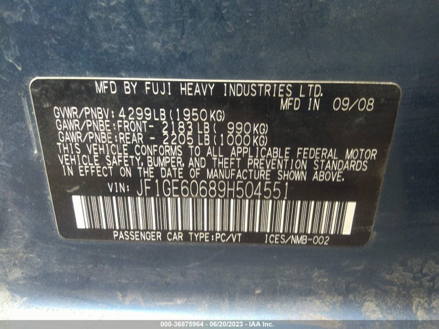 2009 SUBARU IMPREZA SEDAN I W/PREMIUM PKG VIN: JF1GE60689H504551