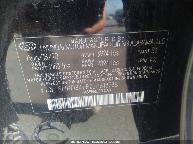2020 HYUNDAI ELANTRA SEL VIN: 5NPD84LF2LH618235