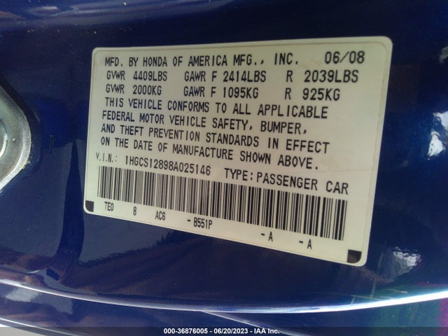 2008 HONDA ACCORD CPE EX-L VIN: 1HGCS12898A025146
