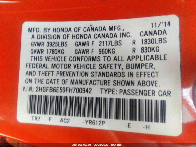 Honda Civic Sedan Si 2015 2HGFB6E59FH700942 Image 9