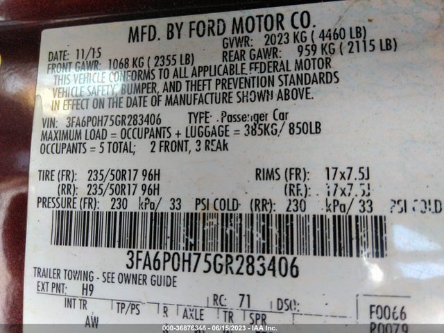 Ford FUSION SE 2016 3FA6P0H75GR283406 Image 15
