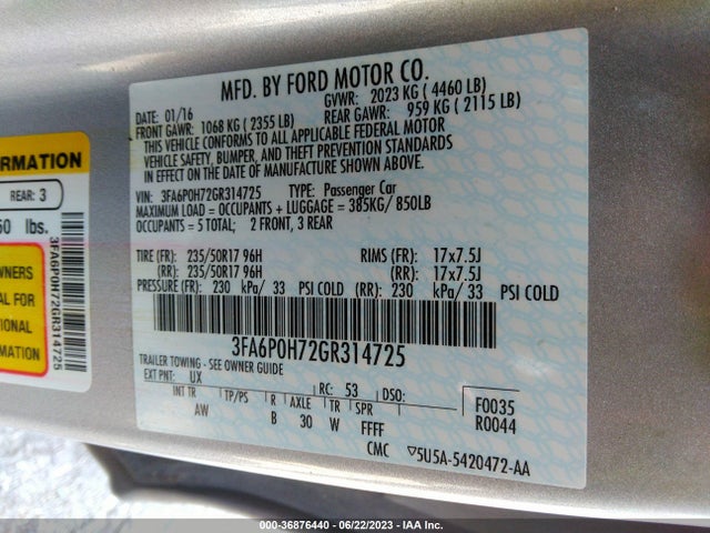 Ford FUSION SE 2016 3FA6P0H72GR314725 Image 9
