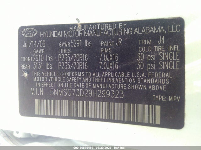 2009 HYUNDAI SANTA FE GLS VIN: 5NMSG73D29H299323