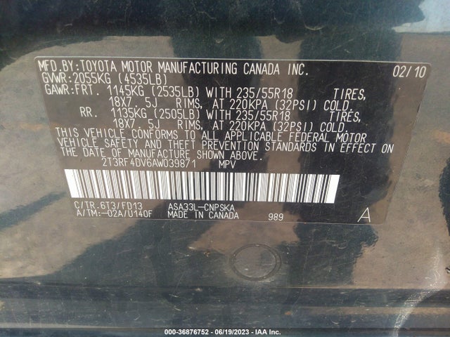 2010 TOYOTA RAV4 SPORT VIN: 2T3RF4DV6AW039871