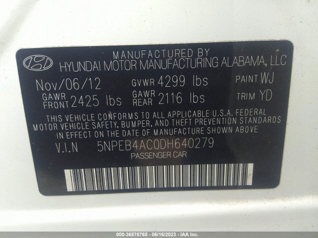 2013 HYUNDAI SONATA GLS PZEV VIN: 5NPEB4AC0DH640279