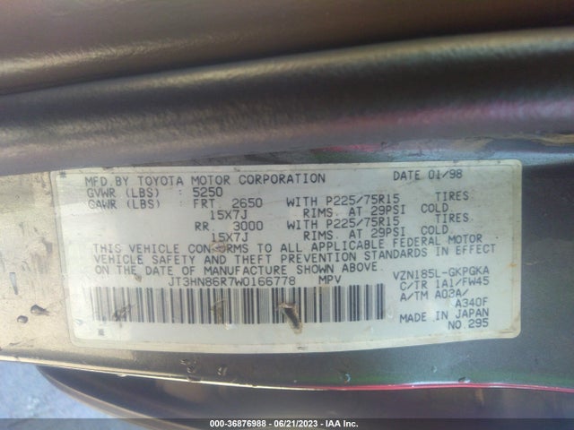 1998 TOYOTA 4RUNNER SR5 VIN: JT3HN86R7W0166778