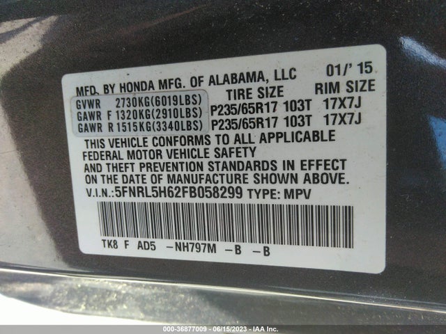 Honda Odyssey Ex-l 2015 5FNRL5H62FB058299 Image 15