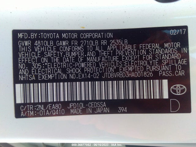 2017 TOYOTA MIRAI VIN: JTDBVRBD3HA001826