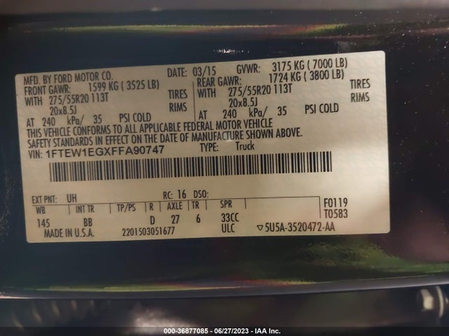 Ford F-150 Platinum 2015 1FTEW1EGXFFA90747 Image 9