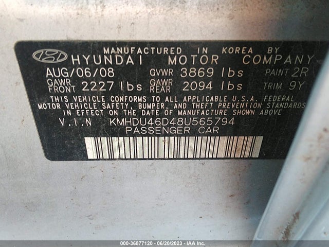 2008 HYUNDAI ELANTRA GLS/SE VIN: KMHDU46D48U565794