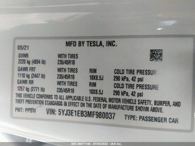 Tesla Model 3 Long Range 2021 5YJ3E1EB3MF980037 Image 9