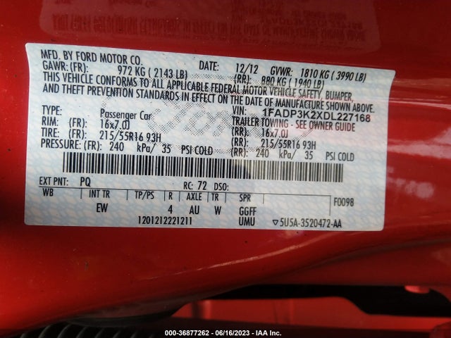2013 FORD FOCUS SE VIN: 1FADP3K2XDL227168