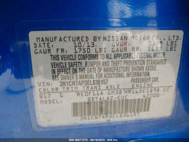 3N1CN7AP3EL836157 Nissan Versa S Plus