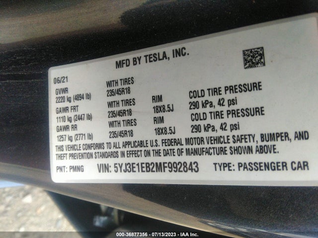 2021 TESLA MODEL 3 LONG RANGE VIN: 5YJ3E1EB2MF992843