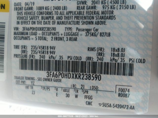 3FA6P0HDXKR238590 Ford FUSION SE