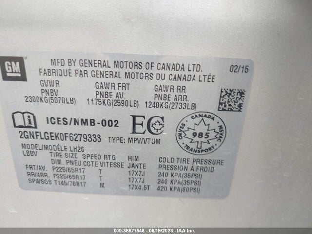 Chevrolet EQUINOX LT 2015 2GNFLGEK0F6279333 Image 9