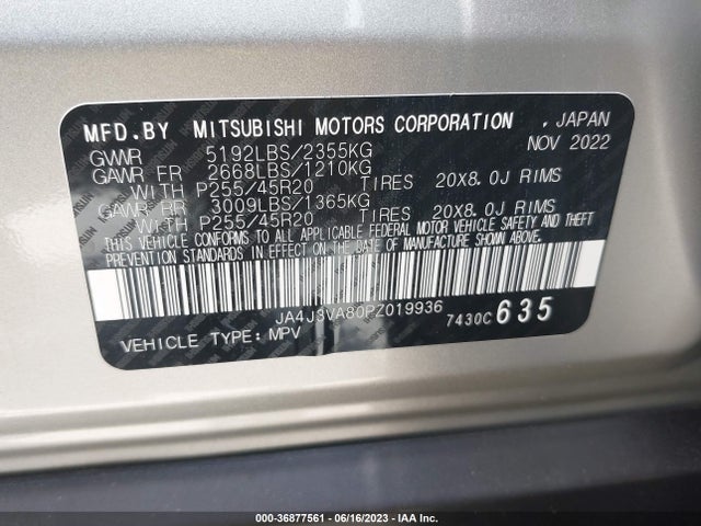 2023 MITSUBISHI OUTLANDER SEL VIN: JA4J3VA80PZ019936