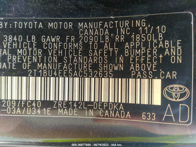 2010 TOYOTA COROLLA VIN: 2T1BU4EE5AC532635