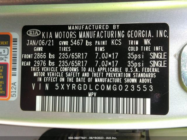 5XYRGDLC0MG023553 KIA SORENTO LX