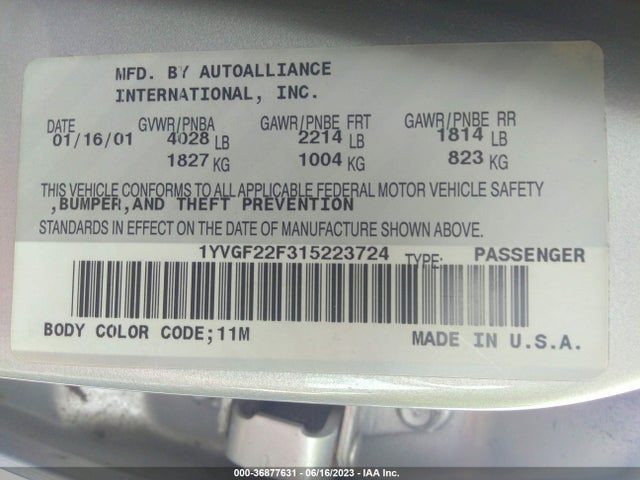 2001 MAZDA 626 LX/ES VIN: 1YVGF22F315223724