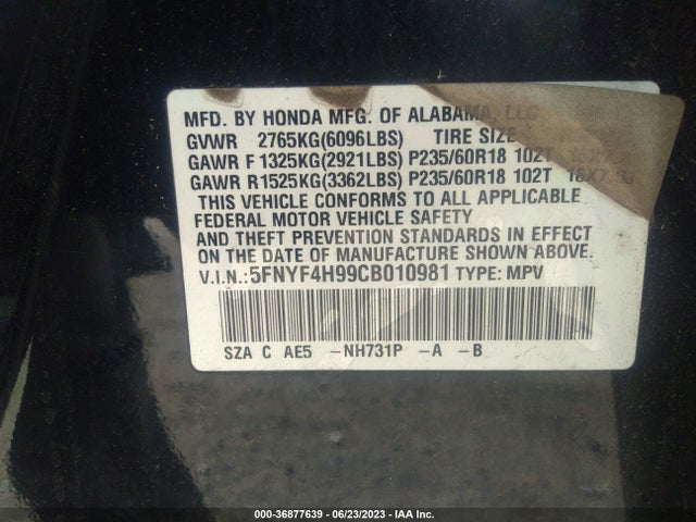 2012 HONDA PILOT TOURING VIN: 5FNYF4H99CB010981