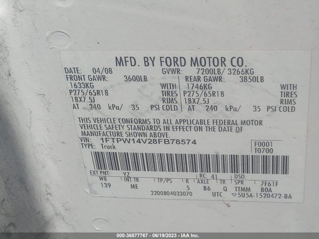 2008 FORD F-150 XLT/FX4/LARIAT VIN: 1FTPW14V28FB78574
