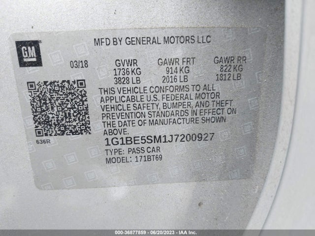 Chevrolet CRUZE LT 2018 1G1BE5SM1J7200927 Image 9