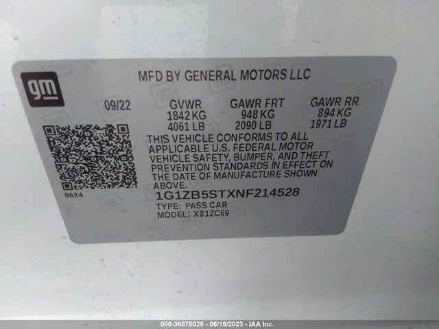 2022 CHEVROLET MALIBU LS VIN: 1G1ZB5STXNF214528