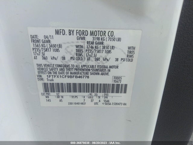 2011 FORD F-150 XL/STX/XLT/FX2/LARIAT VIN: 1FTFX1CF9BFB46778