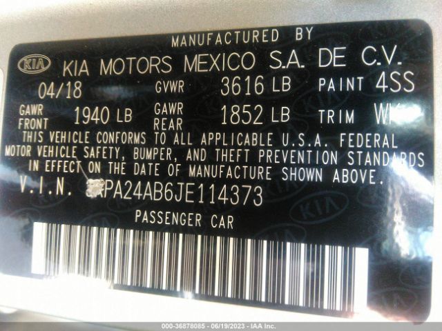 3KPA24AB6JE114373 KIA RIO S