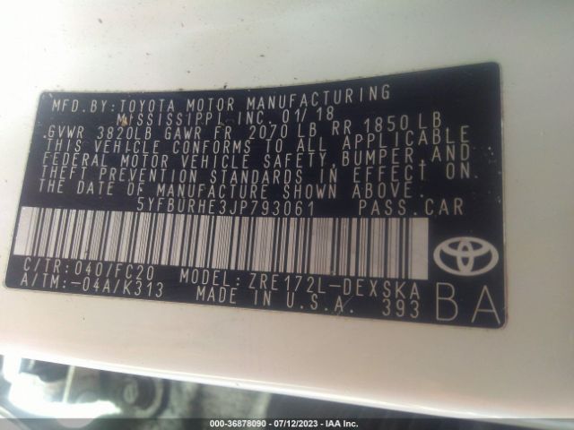 2018 TOYOTA COROLLA 5YFBURHE3JP793061 Photo 8