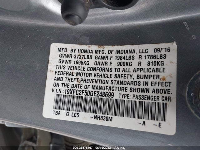 Honda Civic Sedan Lx 2016 19XFC2F50GE248699 Image 10