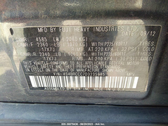 2013 SUBARU OUTBACK 2.5I PREMIUM VIN: 4S4BRCCC7D3235985