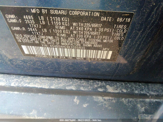 Продаж на аукціоні авто 2019 Subaru Outback Premium, vin: 4S4BSAHC9K3205935, номер лоту: 36878468