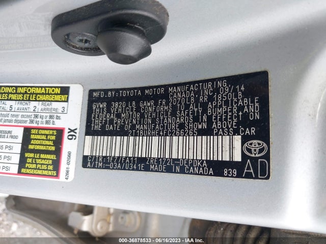 2015 TOYOTA COROLLA L/LE/S/S PLUS/LE PLUS VIN: 2T1BURHE4FC266265