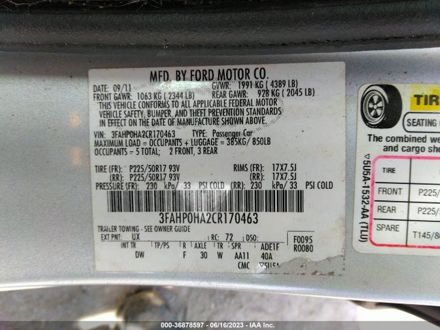 2012 FORD FUSION SE VIN: 3FAHP0HA2CR170463