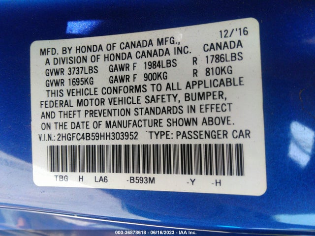 2017 HONDA CIVIC COUPE LX VIN: 2HGFC4B59HH303952