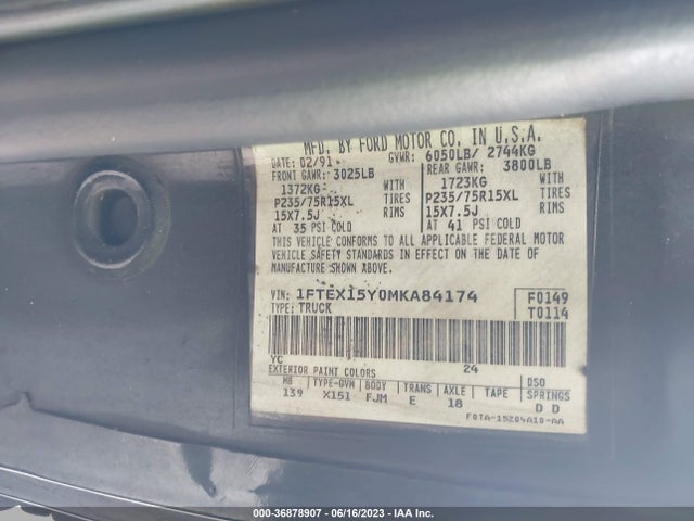 1991 FORD F150 VIN: 1FTEX15Y0MKA84174