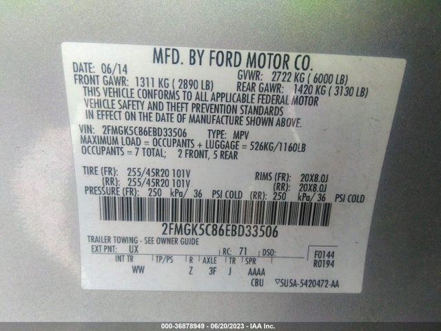 Ford FLEX SEL 2014 2FMGK5C86EBD33506 Image 9