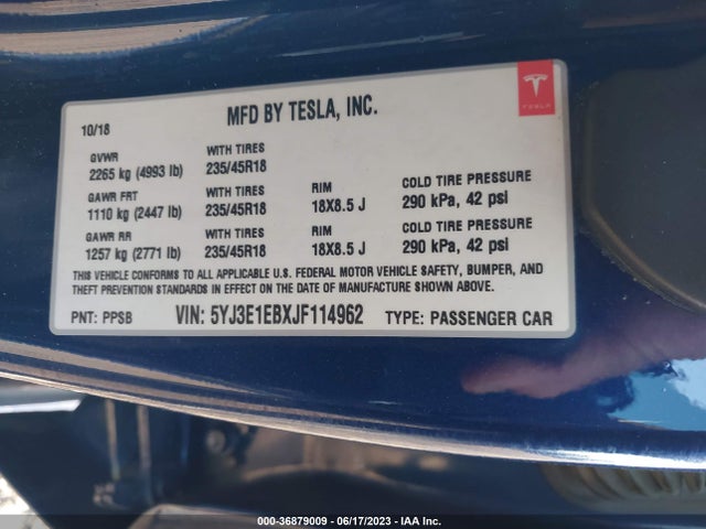 5YJ3E1EBXJF114962 Tesla Model 3 Long Range