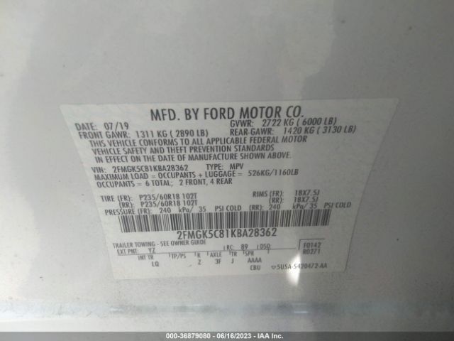 2FMGK5C81KBA28362 Ford FLEX SEL
