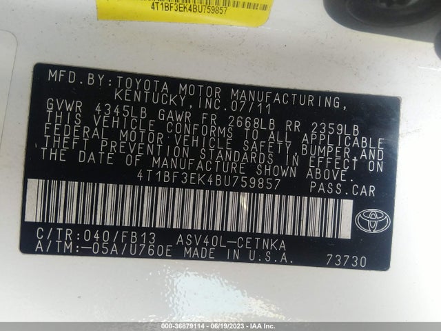 2011 TOYOTA CAMRY LE VIN: 4T1BF3EK4BU759857